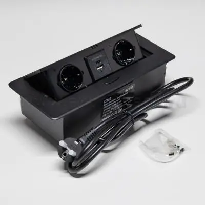 Розетки блок розеток выдвижной горизонт, 2euro, usb a+c с быстрой зарядкой, 250в, 2700w, чёрная, 2 м