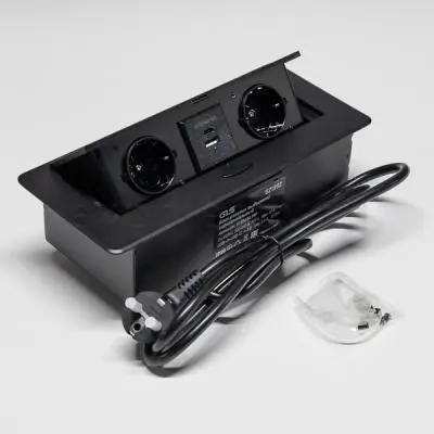 Розетки блок розеток выдвижной горизонт, 2euro, usb a+c с быстрой зарядкой, 250в, 2700w, чёрная, 2 м